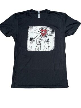Black Graphic Short Sleeve Tee with Red Heart Print